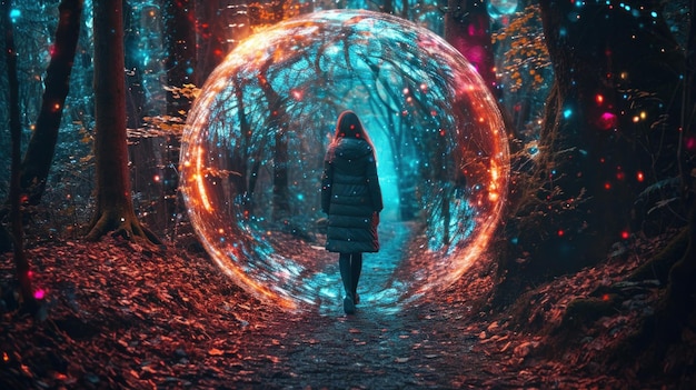 Une femme qui marche à l'intérieur d'une bulle fantastique dans une forêt magique.