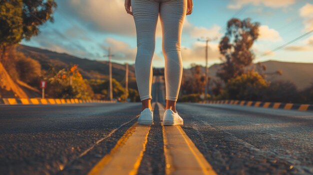 Une femme qui marche sur une route