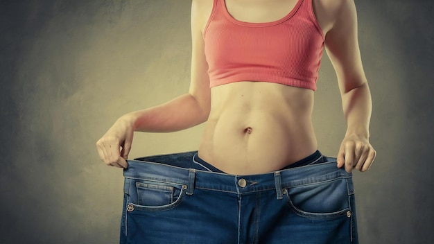 Femme qui perd du poids après un régime mince brûlant de la graisse et une taille plate