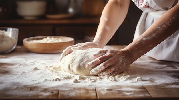 Une femme qui pétrit de la pâte sur la table en gros plan