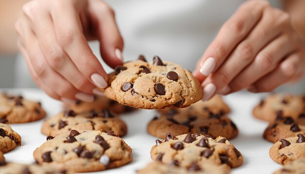 Une femme qui prend de délicieux biscuits au chocolat sur fond blanc