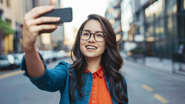 Une femme qui prend un selfie.