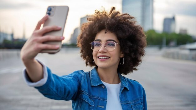 Une femme qui prend un selfie.