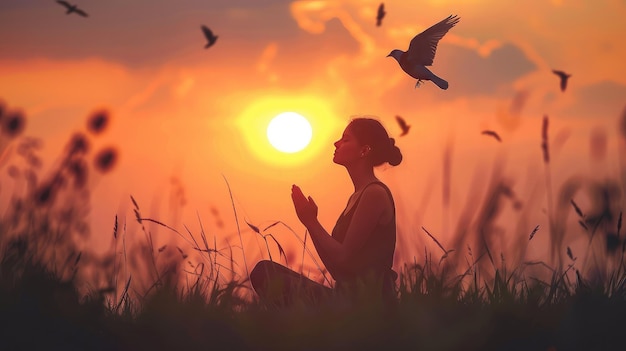 Une femme qui prie et un oiseau libre qui profite de la nature au coucher du soleil sur le fond du concept de l'espoir