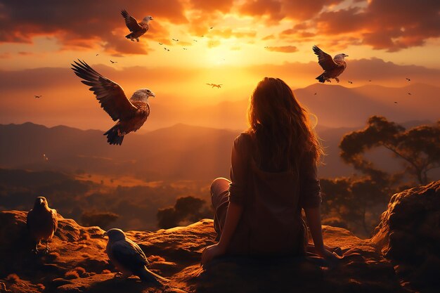 Une femme qui prie et un oiseau libre qui profite de la nature au coucher du soleil