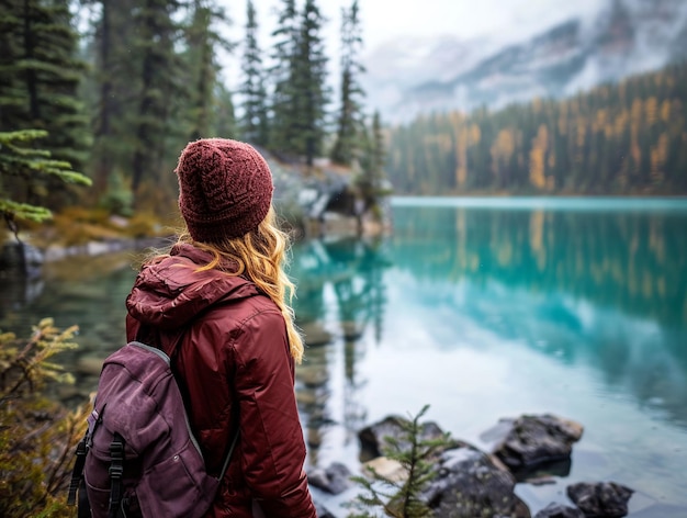 Femme qui regarde le lac Touriste