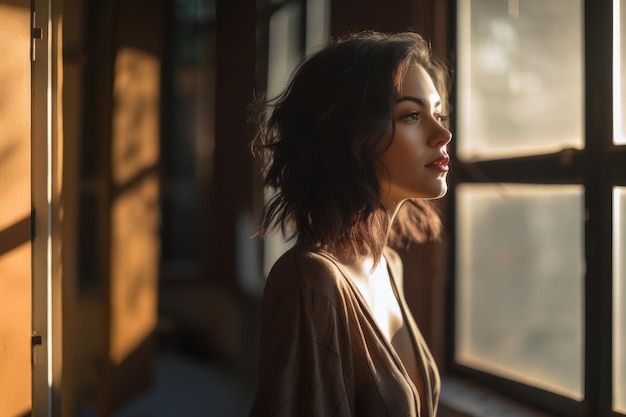 Une femme qui regarde par la fenêtre.