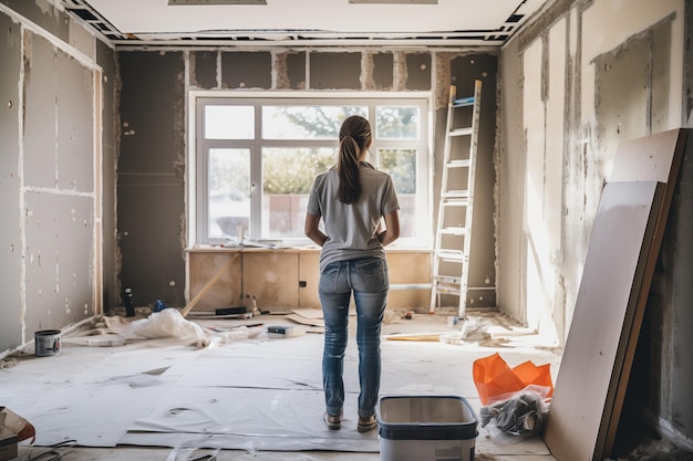 Photo une femme qui rénove sa maison.