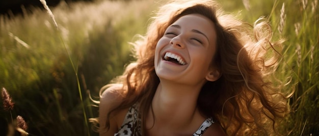 Photo une femme qui rit dans un champ d'herbes hautes