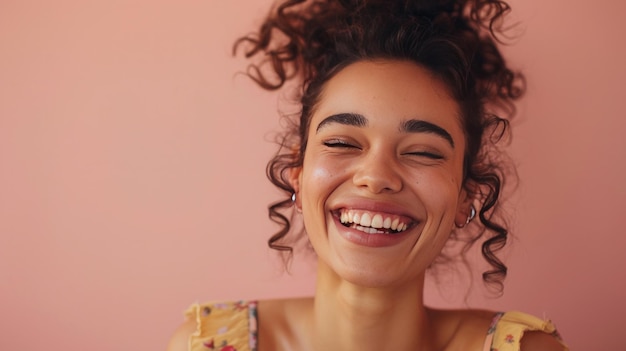 Une femme qui rit sur un fond rose isolé