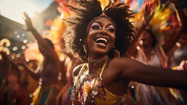 Une femme qui rit et porte une coiffure colorée