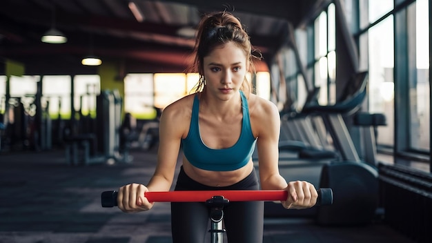 Une femme qui s'entraîne seule à la salle de sport.