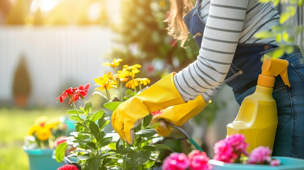 Photo femme qui s'occupe et arrose des fleurs et des plantes ornementales