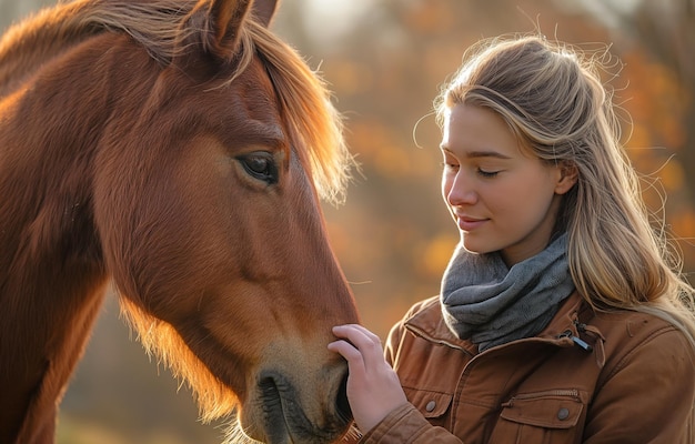 Une femme qui s'occupe d'un cheval.