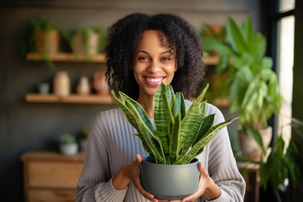 Photo femme qui s'occupe d'une plante d'intérieur et tient un pot de plante d'appartement sansevieria jardinage à domicile