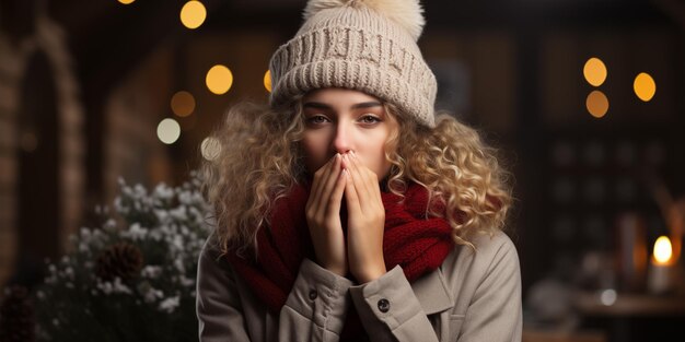 Une femme qui se couvre la bouche avec sa bouche. Elle a la grippe catarrhale.