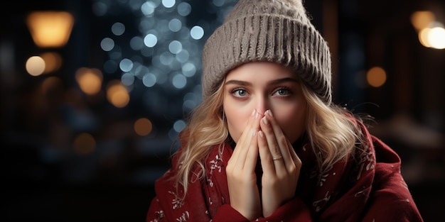 Une femme qui se couvre la bouche avec sa bouche. Elle a la grippe catarrhale.