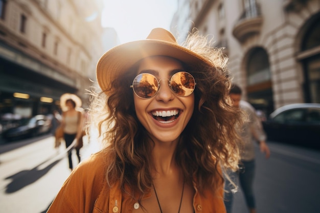 Une femme qui se fait un selfie dans la grande ville.