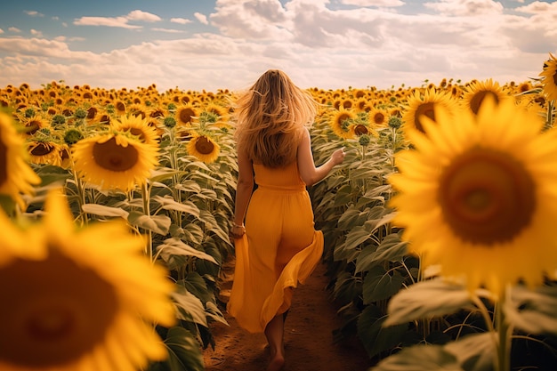 Une femme qui se promène dans un champ de tournesols en pleine floraison.