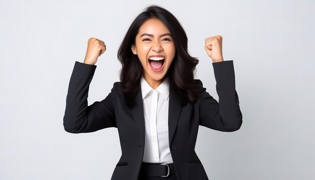 Photo une femme qui se réjouit, qui a l'air heureuse et qui célèbre la victoire.