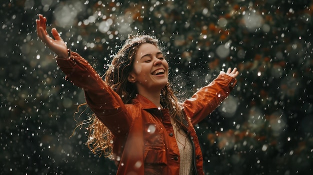 Une femme qui se sent heureuse et insouciante en dansant sous la pluie.