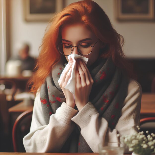 Photo une femme qui souffle le nez dans une serviette.