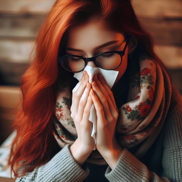 Photo une femme qui souffle le nez dans une serviette.