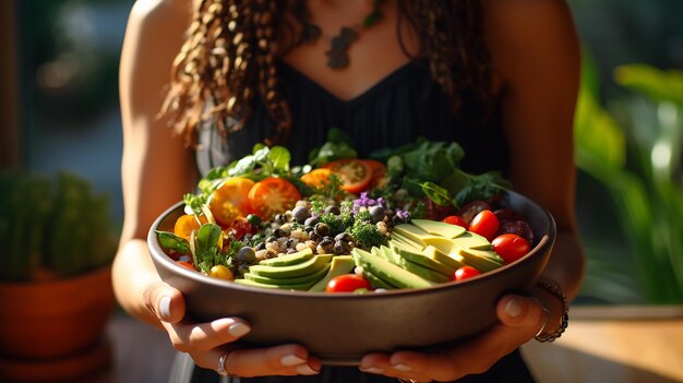 Une femme qui tient un bol de salade en gros plan.