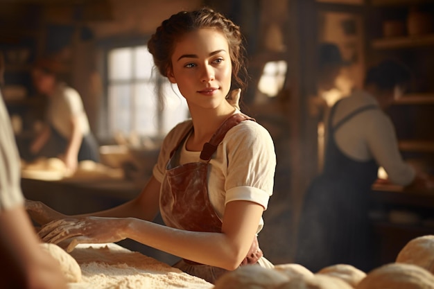 Une femme qui travaille dans une boulangerie portant un tablier