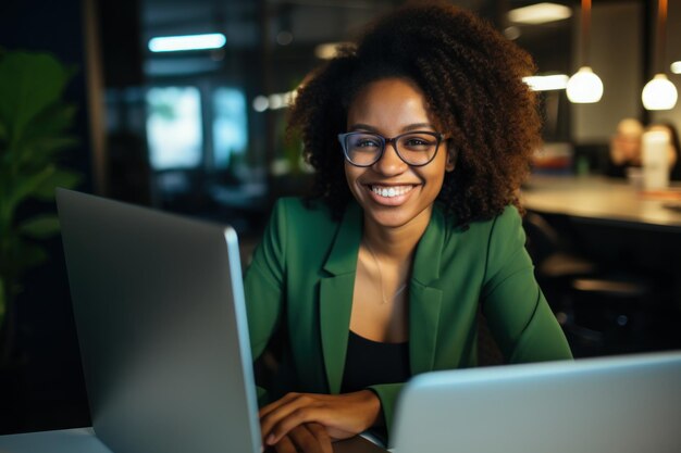 une femme qui travaille dans la finance écrivant sur son ordinateur avec un visage souriant pointant vers l'ordinateur