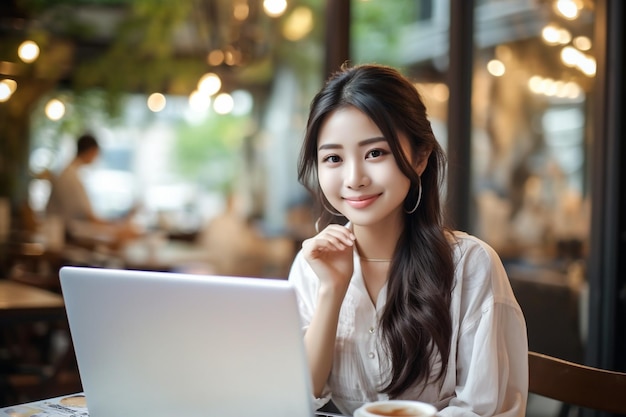 Une femme qui utilise un ordinateur dans un café.