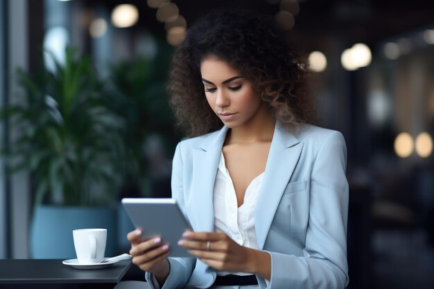 Photo une femme qui utilise une tablette à table