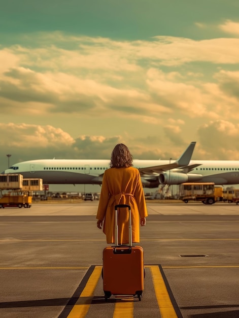 Une femme quitte l'aéroport avec une grosse valise