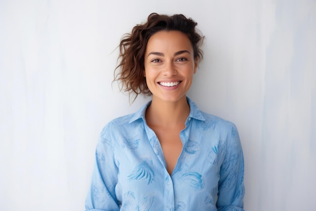 Femme radieuse de 35 ans dans une chemise bleue avec un sourire joyeux