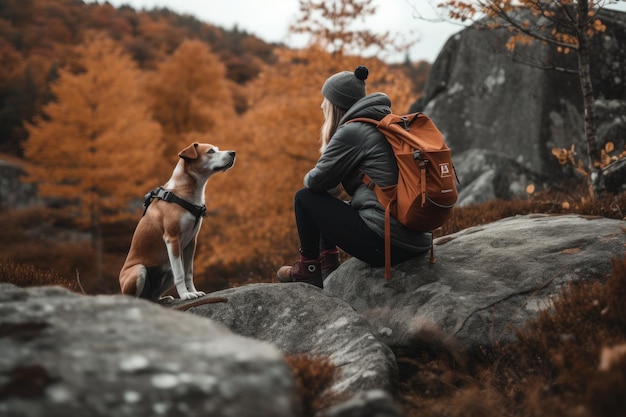 Femme en randonnée avec un chien dans les montagnes Generative AI