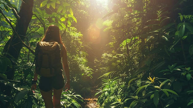 Femme en randonnée dans la forêt avec un sac à dos