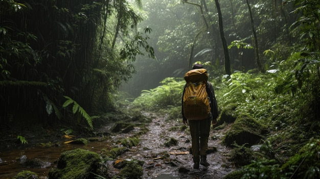 Une femme en randonnée dans la forêt tropicale sous la pluie avec difficulté