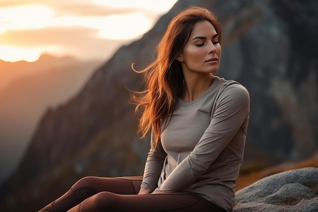 Femme de randonnée se relaxant assise sur des rochers pendant le trekking ai générative