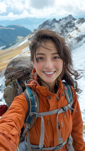 Une femme randonneuse asiatique heureuse prenant un selfie au sommet d'une montagne en format vertical