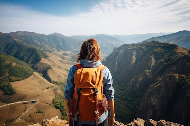 Une femme randonneuse avec un sac à dos se tient au sommet d'une montagne et regarde la vallée vue arrière d'une femme randonneur avec un sacà dos profitant d'étonnants paysages de vallée au sommet de la montagne générée par l'IA