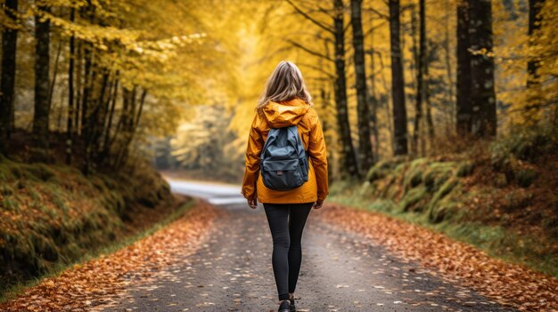 Une femme randonneuse sereine se promène sur un pittoresque sentier de randonnée en forêt d'automne entouré de feuillages vibrants