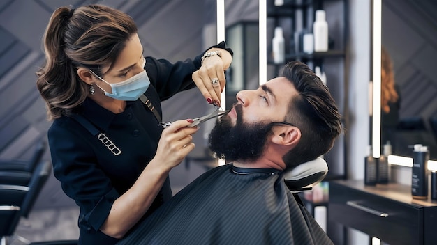 Une femme rasant la barbe d'un homme dans un salon.