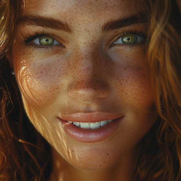 Photo une femme rasée avec des taches de rousseur et des yeux verts souriant à la caméra.