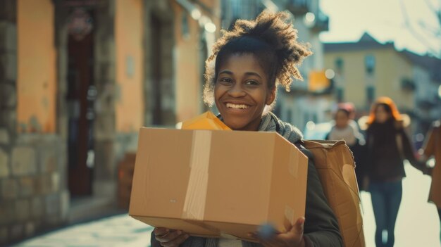 Photo une femme ravie avec une boîte en carton pleine d'objets exprimant l'excitation au milieu de l'agitation urbaine