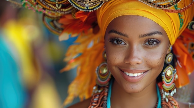 Une femme rayonnante avec un couvre-chef jaune et un maquillage étincelant au carnaval