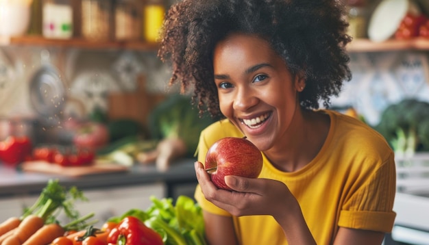 Photo une femme rayonnante dégustant une pomme fraîche dans la cuisine