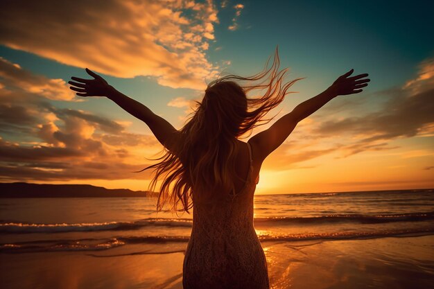 Une femme rayonnante de liberté fête au bord de la mer