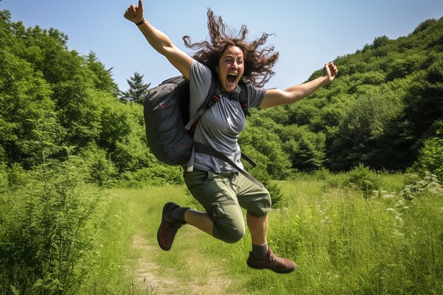 Photo une femme rayonnante sautant avec un sac à dos dans la prairie