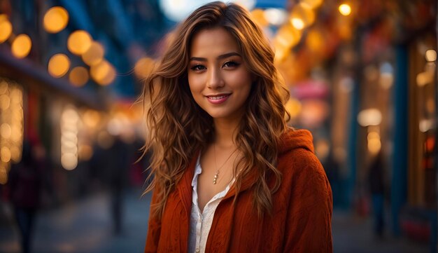 Une femme rayonnante souriant dans la rue de la ville au coucher du soleil