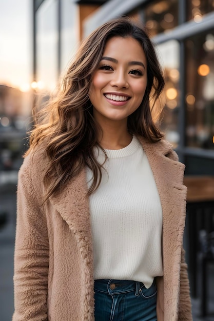 Une femme rayonnante souriant dans la rue de la ville au coucher du soleil